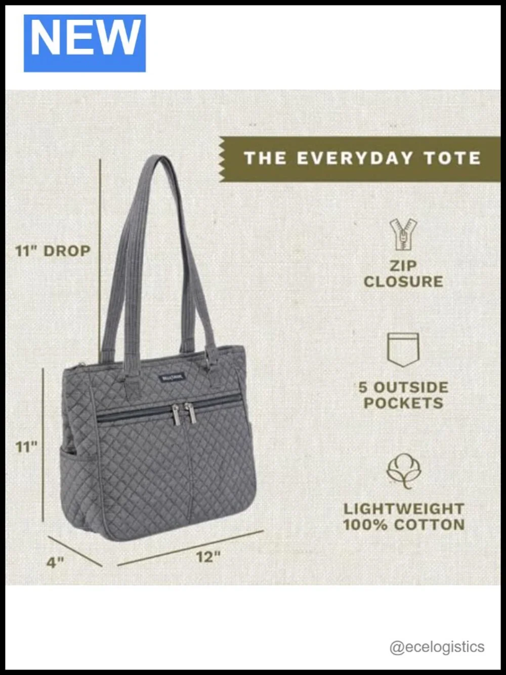 Quilted Cotton Tote Bag with 10 Pockets, Lightweight Shoulder Purse
